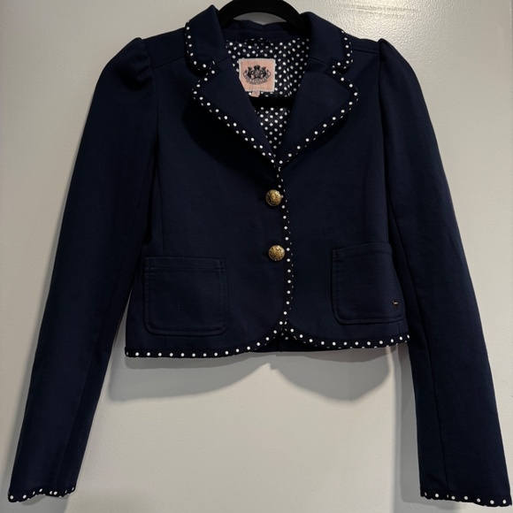 Juicy Couture Navy Blazer with Polka Dot Trim & Gold Buttons – Size 14 - Picture 2 of 7